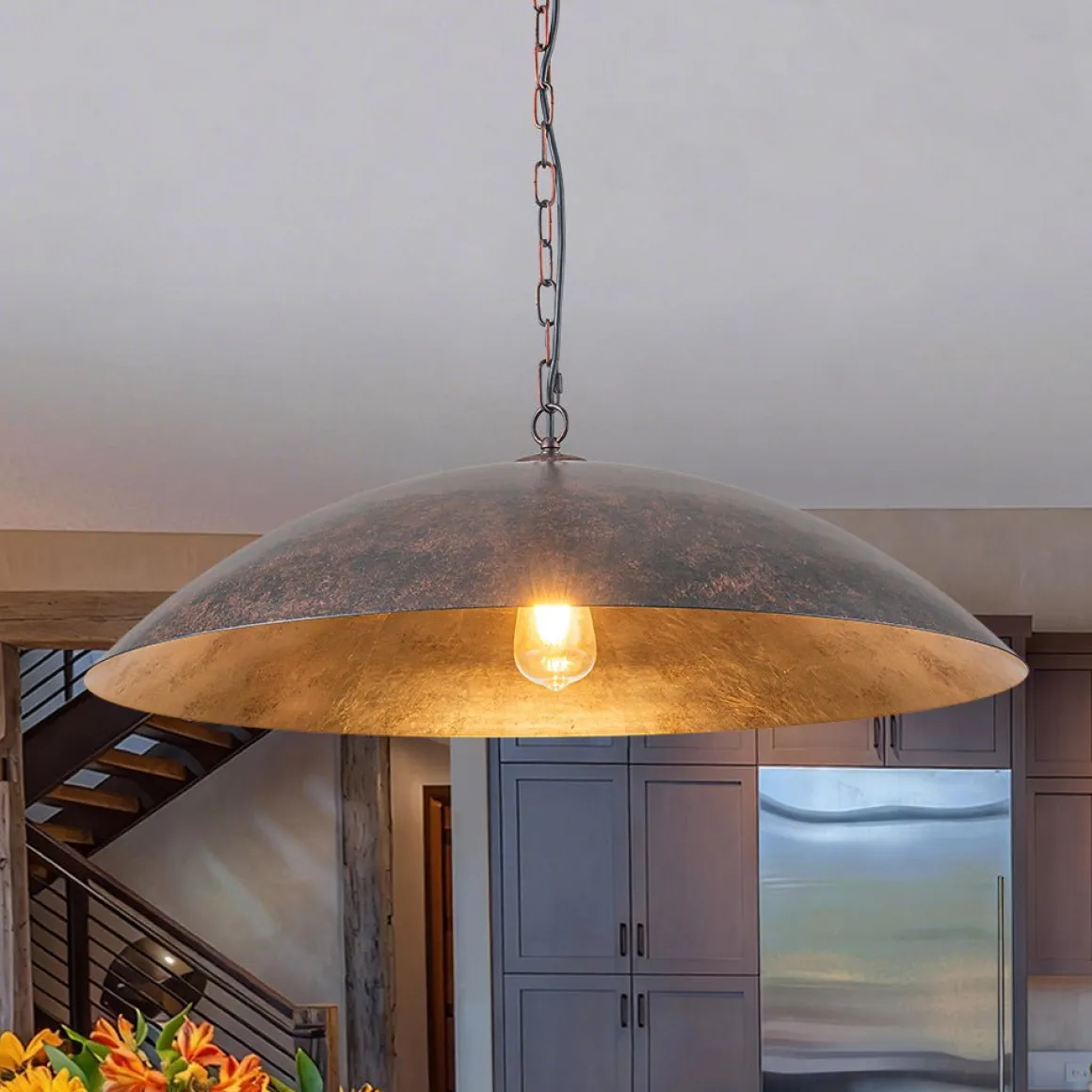 Vintage Oversized Flat Dome Metal Pendant Light